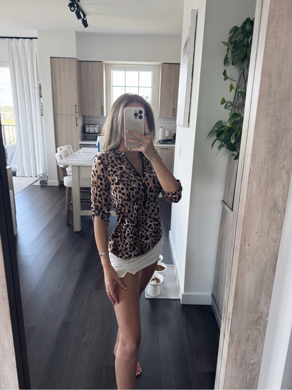 Calvin Klein Leopard Print V-Neck Blouse - Tan & Black (Size Small)